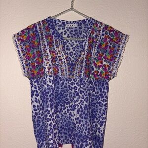 THML Blue and White Graphic Boxy Short Sleeve Blouse